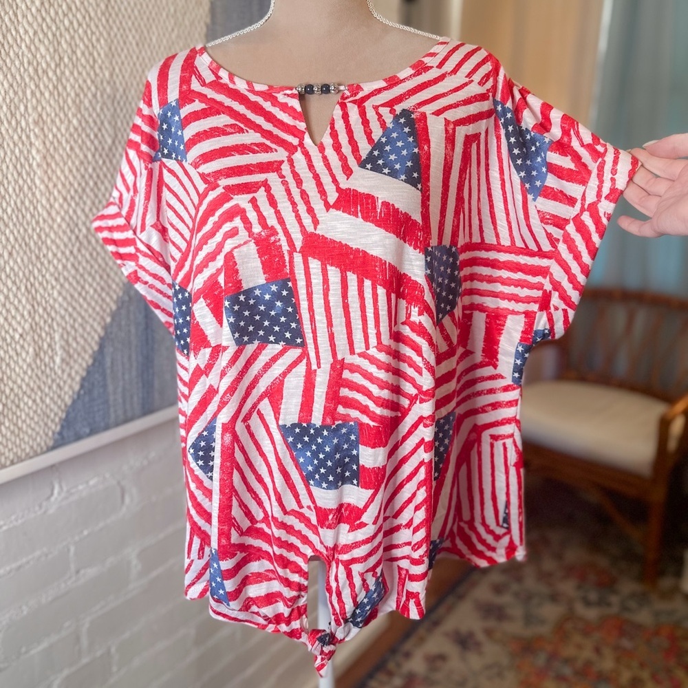 Allison Baley Knit American Flag Shirt with Beaded Accent